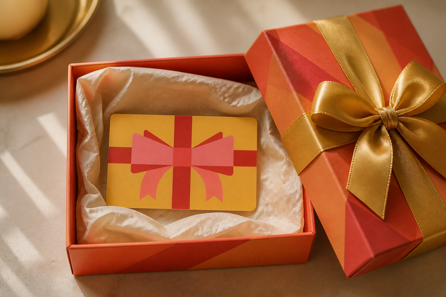 A beautifully packaged gift card arriving in elegant tissue paper and a premium box with a gold ribbon bow