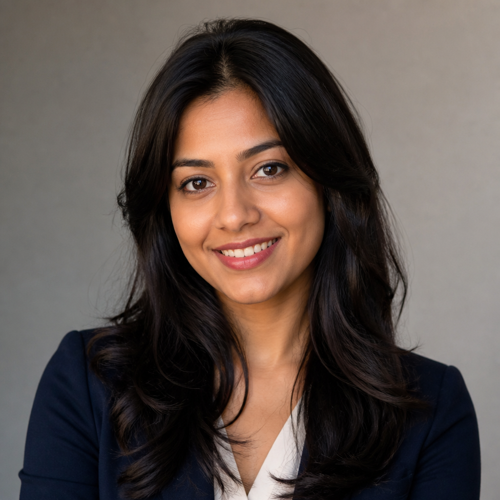 Portrait of a smiling South Asian woman with long dark hair, soft golden lighting, gentle expression and clean blurred neutral background