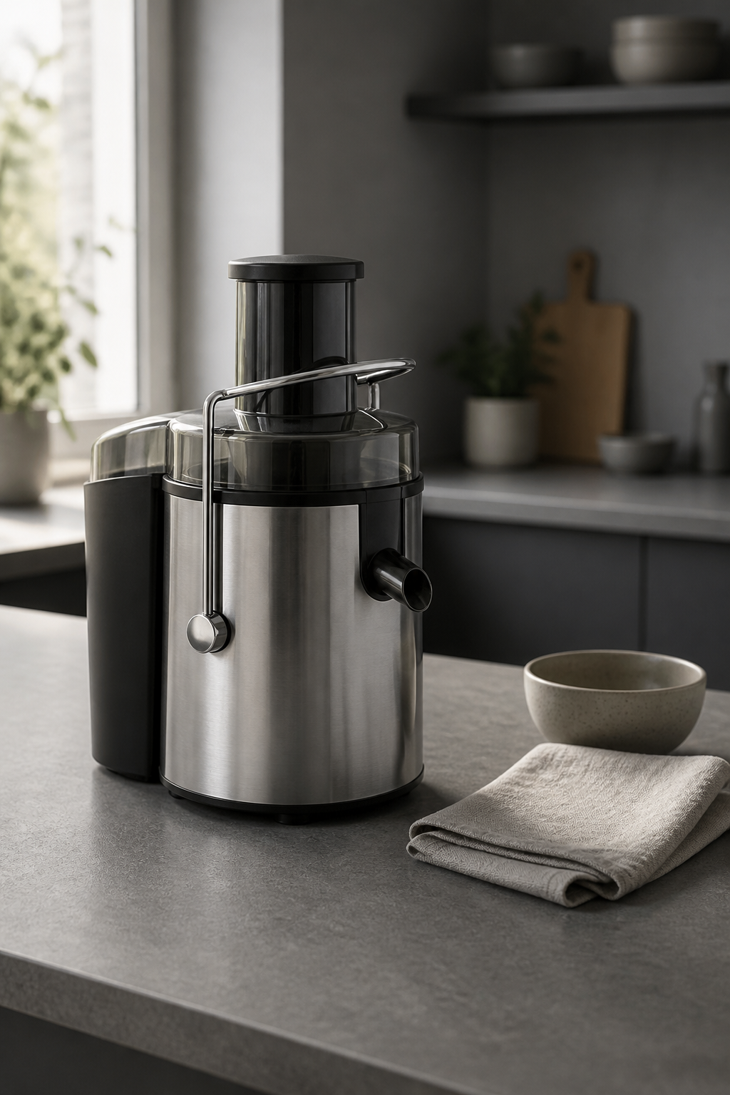 Plain unbranded standalone juicer with no logo, muted grey tones to depict the no-longer-needed appliance