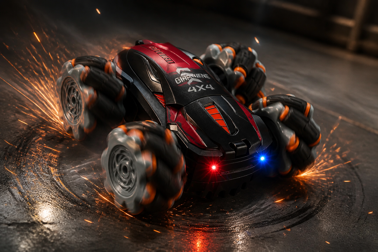 Cinematic action shot of a red GRAPHENE 4X4 remote control drift car mid-spin on a dark concrete floor with neon orange sparks flying and motion blur suggesting high-speed stunt performance