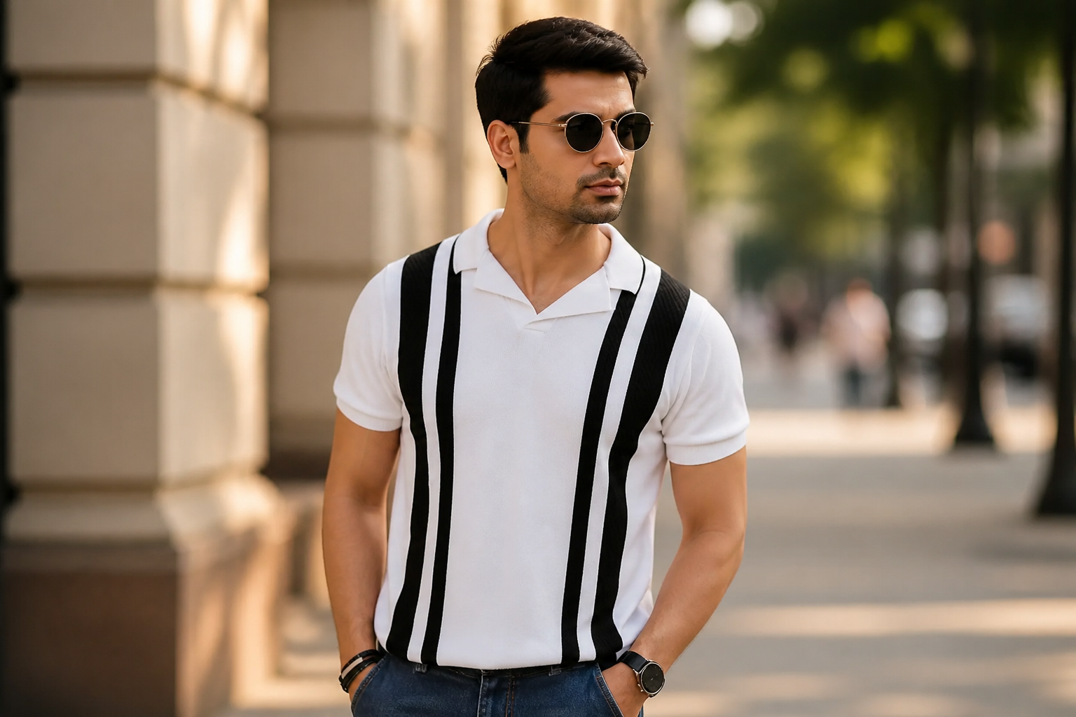 Lifestyle photograph of a stylish Indian man in a retro striped polo paired with casual denim, soft afternoon daylight, weekend city walk