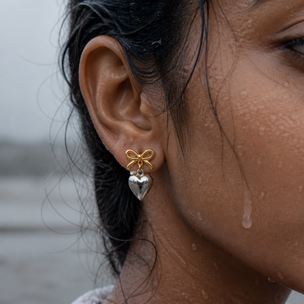 Love Heart Earrings worn on a rainy day with droplets on skin showing waterproof shine in soft gray light