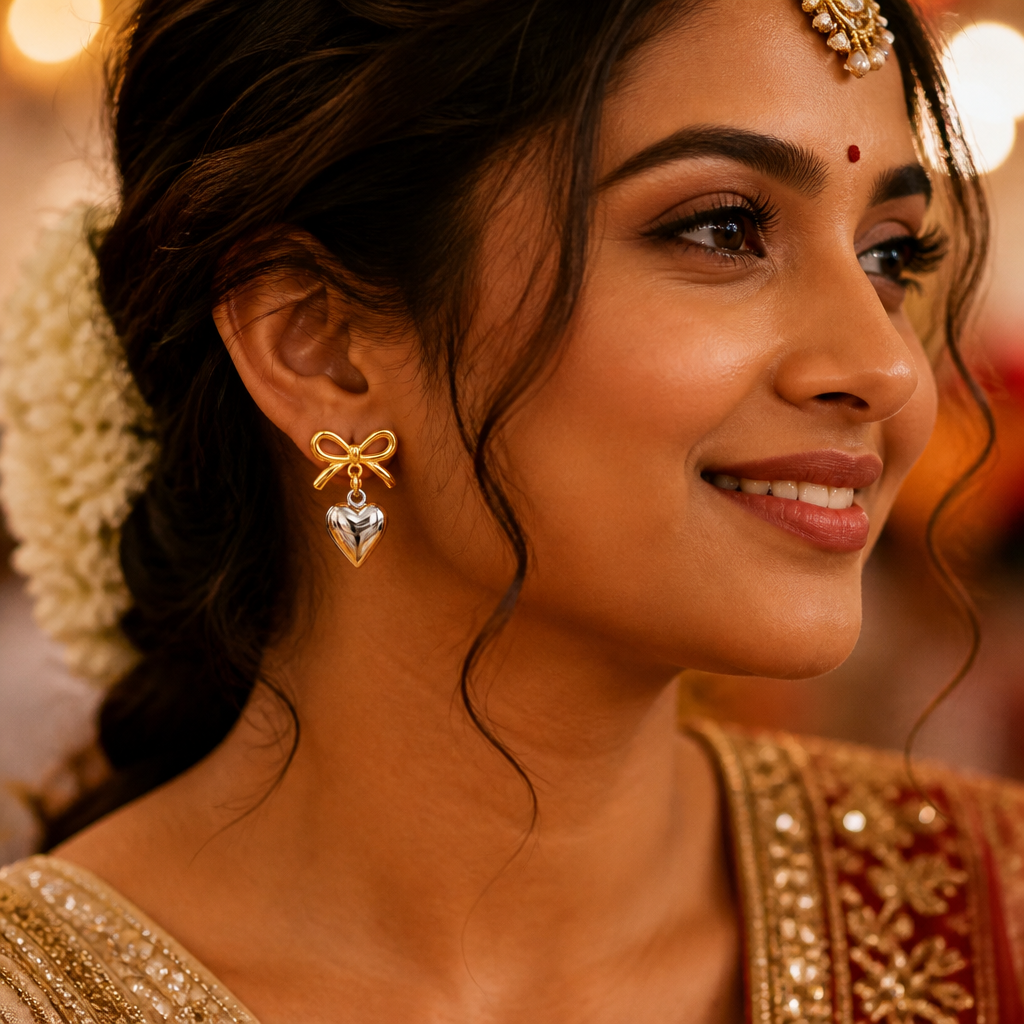 Indian woman wearing Love Heart Earrings at a wedding with traditional outfit in festive warm lighting