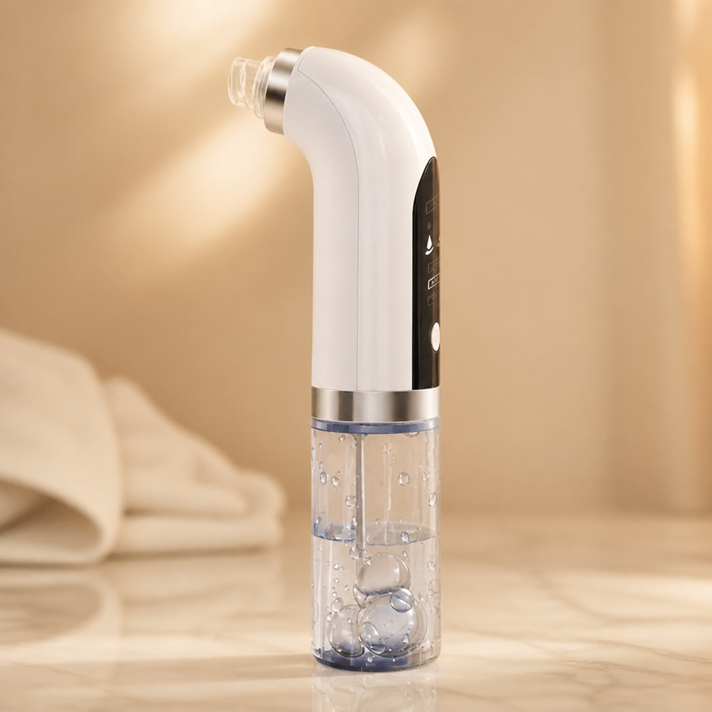 Sleek blackhead vacuum device with modern design showing the rechargeable pore cleaner with glowing accent highlights against a warm cream backdrop