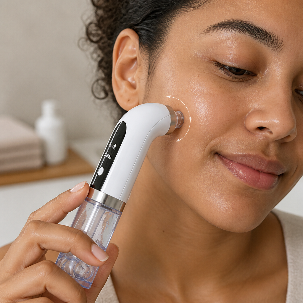 Blackhead vacuum device being gently moved in circular motion on cheek with visible clean result