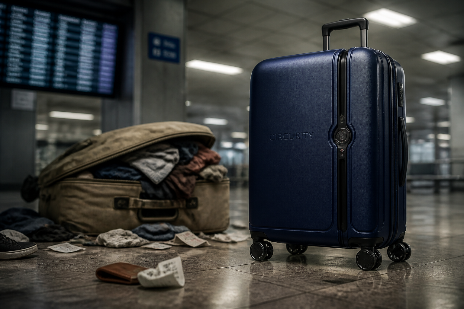 Generic worn-out beige suitcase bursting open at airport with clothes and items spilling onto grimy floor tiles