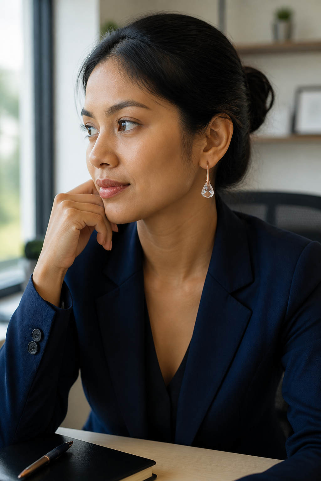 Lifestyle photo of a Southeast Asian woman in a navy office blazer wearing Lunar Drop earrings at a modern desk