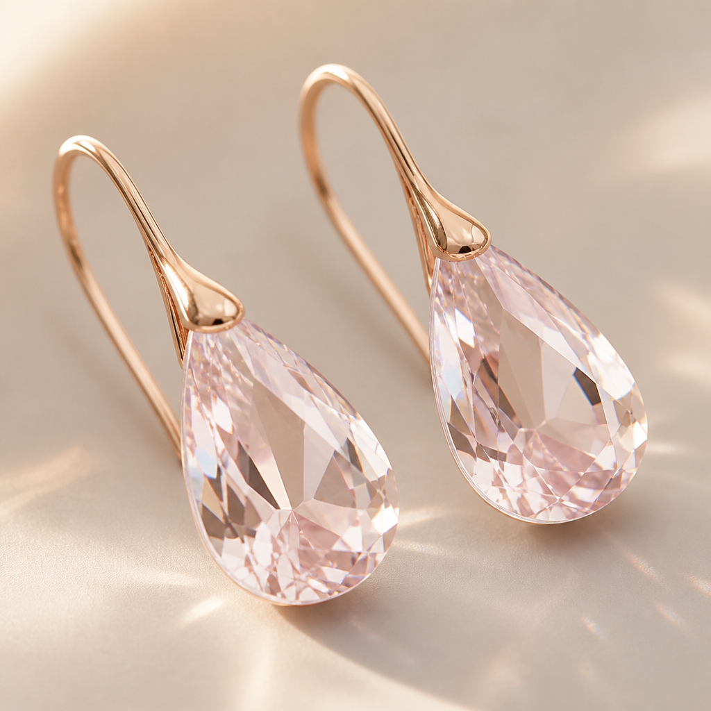 Macro shot of the pink crystal catching light, showing the Toupie cut pattern and refracted sparkle in detail