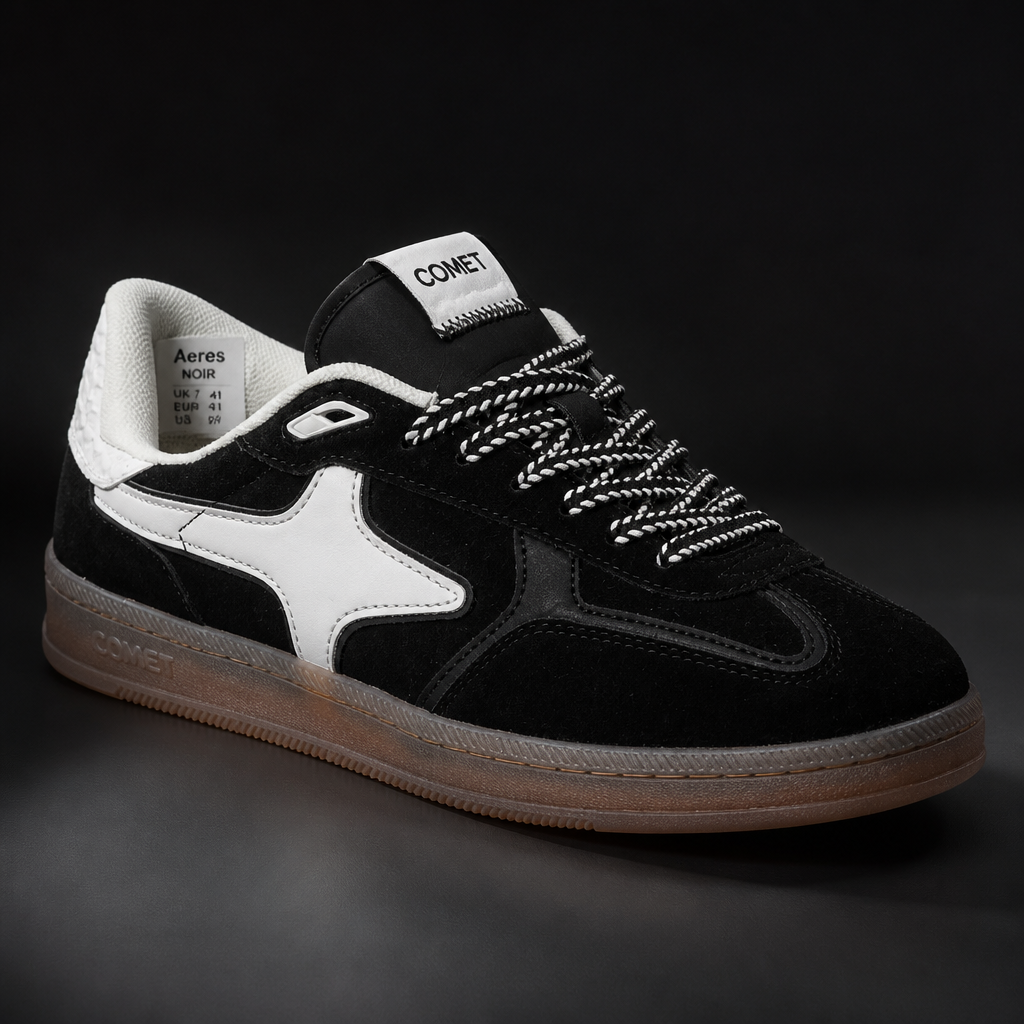 Macro detail shot of Aeres NOIR sneaker with size tag visible on premium black background, premium product photography