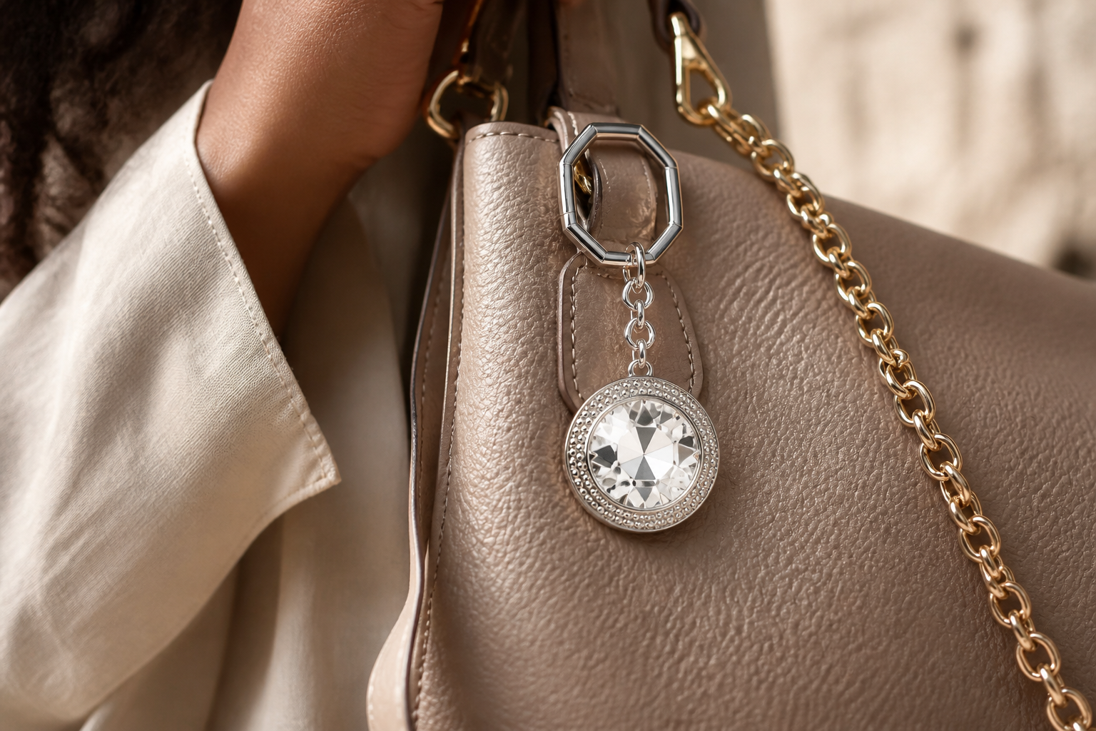 Swarovski white charm hanging gracefully from a taupe leather handbag alongside a delicate gold chain strap in soft focus