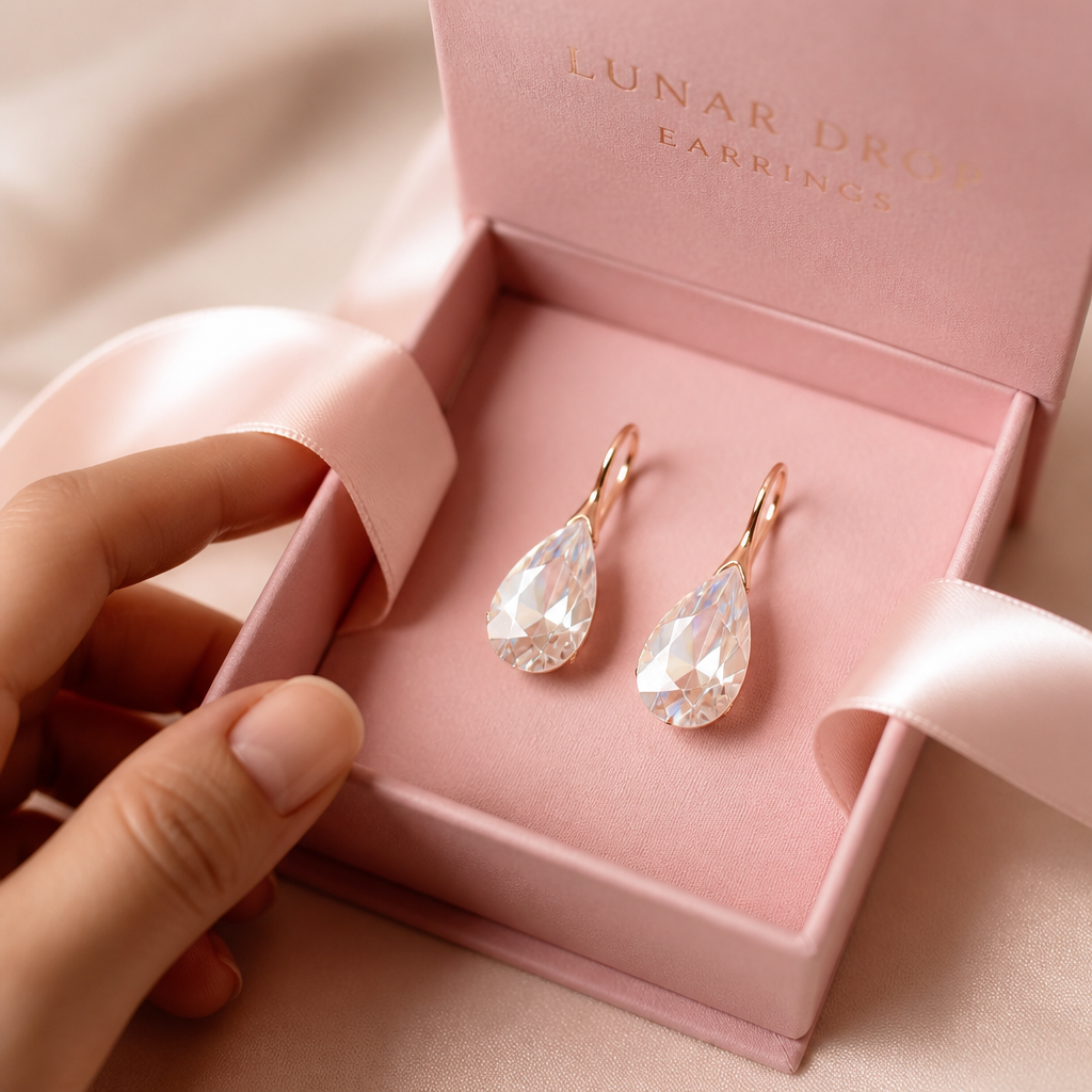 Pink Lunar Drop earrings nestled inside an open soft pink gift box with satin ribbon, elegantly arranged and ready to present as a gift