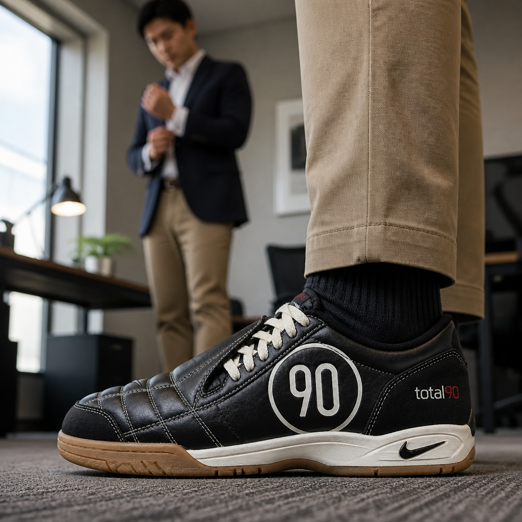 Lifestyle image showing the Nike sneakers paired with tailored chinos, button-down shirt, and blazer for smart casual office-ready style=
