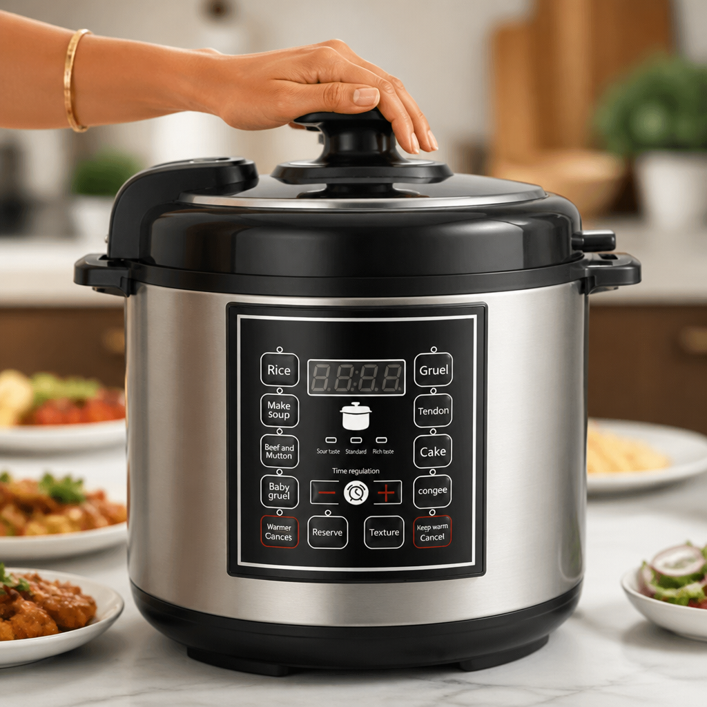 Close-up of the pressure cooker's safety valve and protection symbol on a clean blue and white kitchen surface