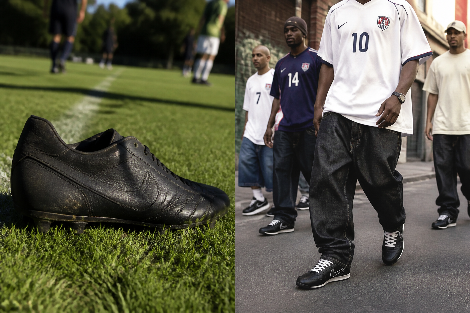 Vintage collage montage featuring football legends from the early 2000s era wearing Total 90 boots on the pitch alongside modern street style icons rocking the sneakers in urban settings