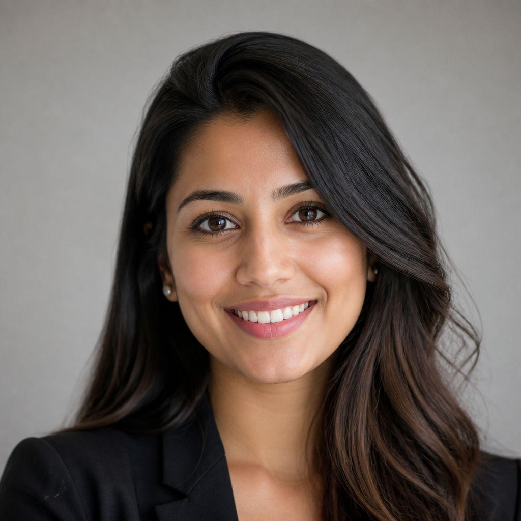 Warm smiling portrait of an Indian woman in her mid-thirties wearing a casual cotton kurti, soft natural window light, blurred modern kitchen behind her