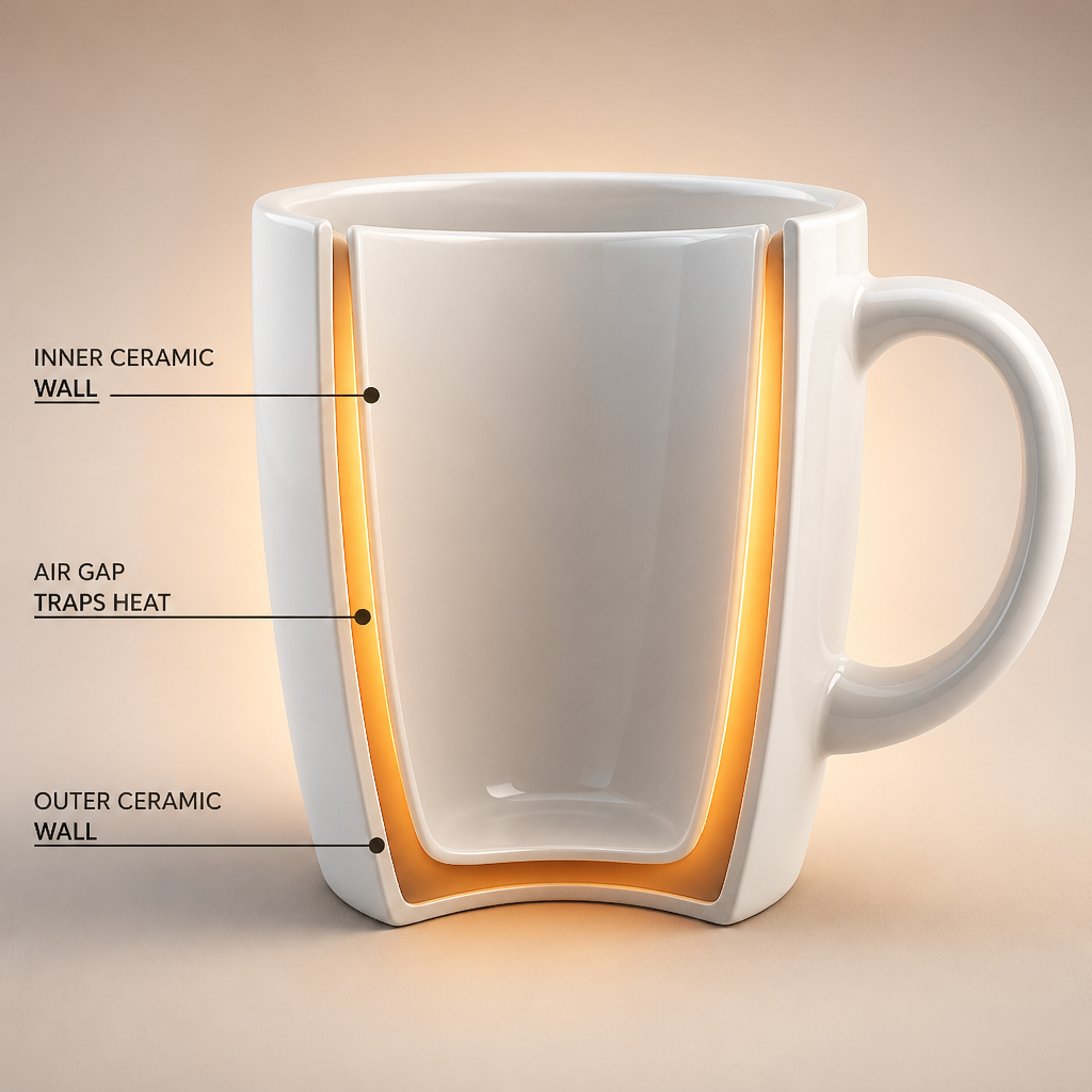 Detailed cutaway diagram of the Radiator Mug showing inner ceramic wall, outer ceramic wall, and the glowing air gap between them trapping heat, with warm orange glow representing trapped warmth