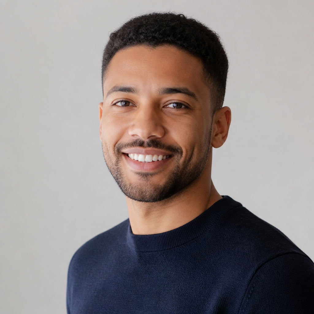 Young man with mixed heritage and light brown skin, short dark hair, wearing a casual crew-neck sweater, soft window light, friendly candid portrait