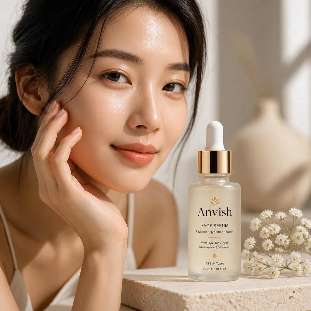 Square portrait of a smiling East Asian woman in her late 20s with smooth, hydrated glowing skin in soft indoor window light, wearing minimal makeup