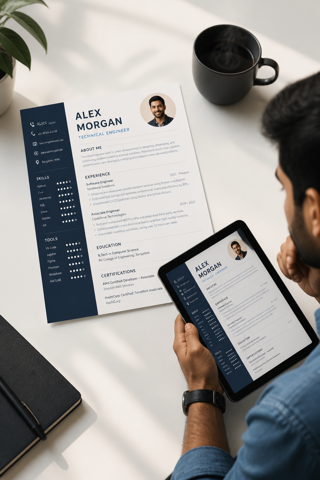 Clean technical engineer resume template with structured tech-stack section, project timelines and a strong monospace-friendly typography in deep blue tones
