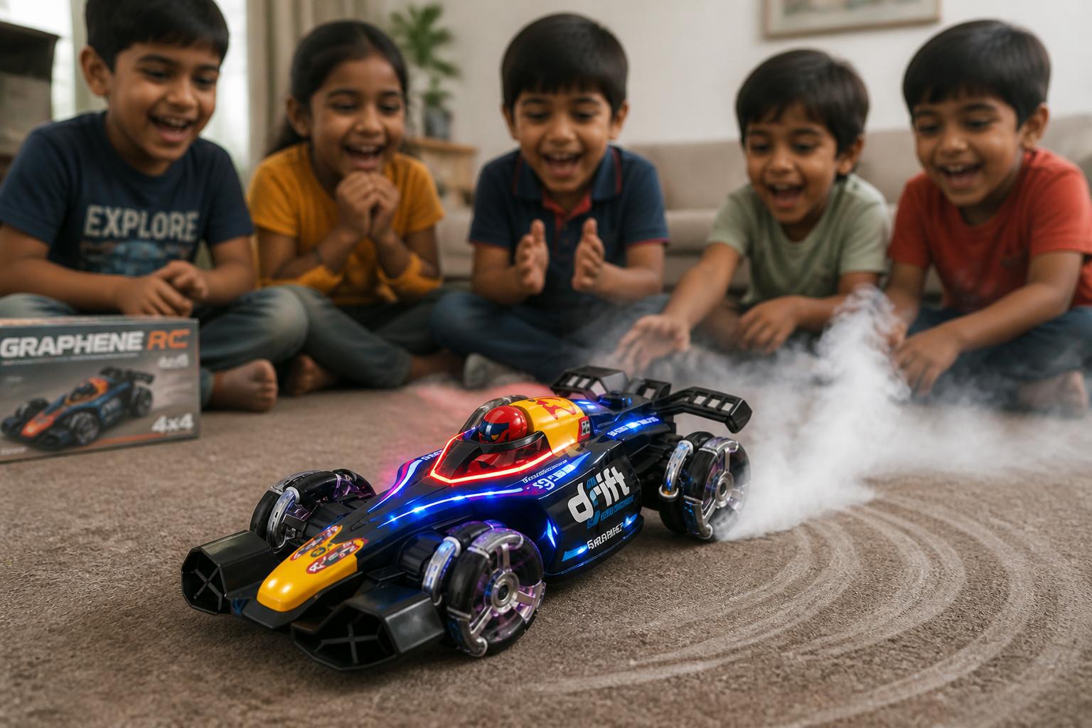A group of laughing Indian children aged four to eight sitting on a carpet watching the GRAPHENE RC car drift around in a tight circle, white smoke trails curling behind it