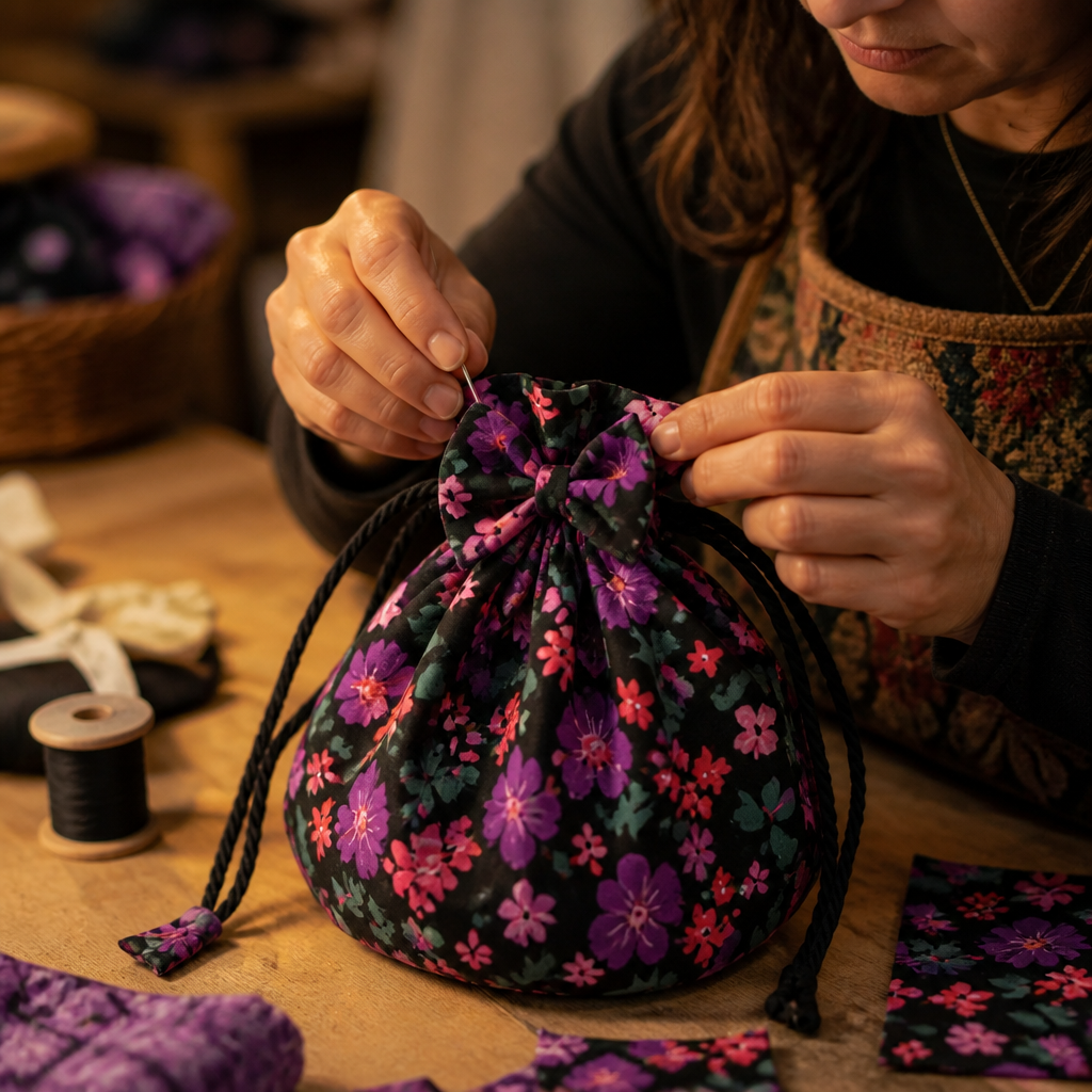 Skilled artisan hands carefully stitching a handmade cinch bag with thread and needle, warm workshop lighting