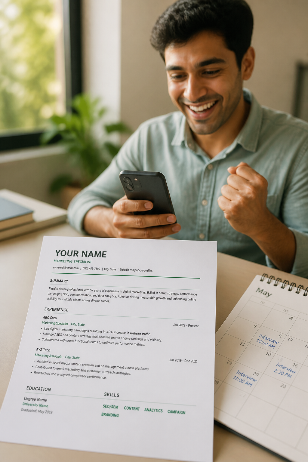 A joyful young Indian professional looking at their phone with excitement in a sunlit room, with calendar notifications showing interview invites on the screen