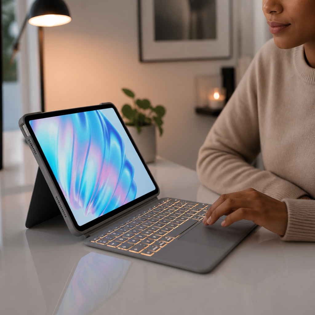 Bright cinematic hero shot of iPad Air with Logitech Combo Touch attached on a clean white desk, the backlit keys glowing warm against a softly lit modern workspace