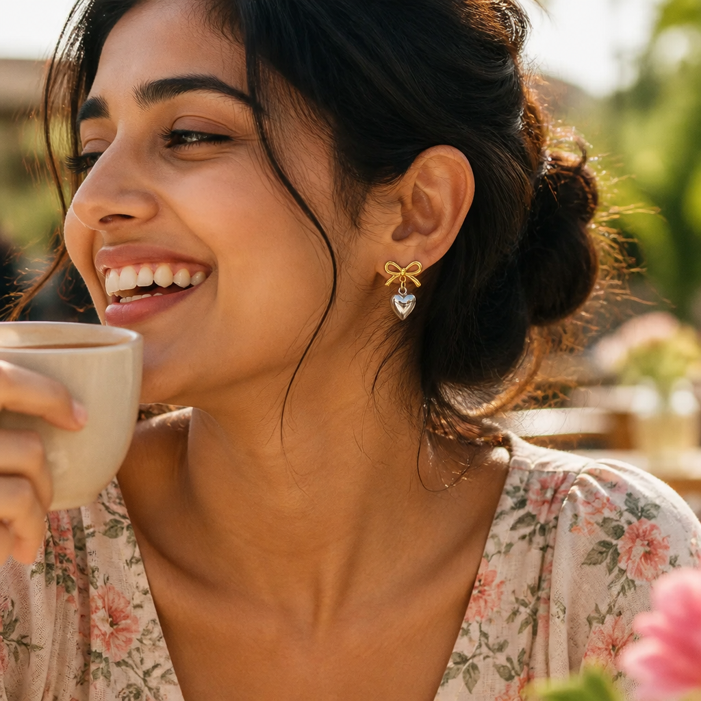Indian woman in a flowy floral dress wearing the Love Heart Earrings at a weekend brunch, warm sunlight, candid lifestyle photography