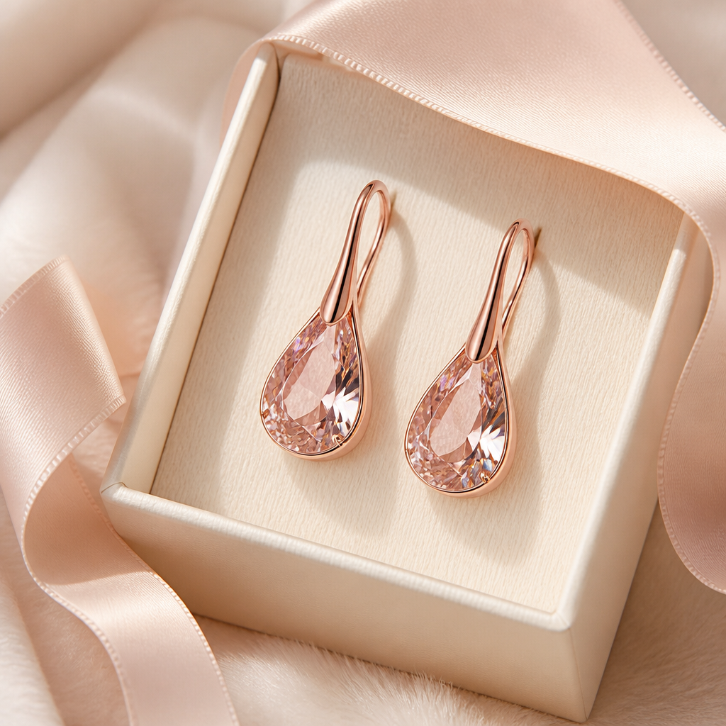 The pink Lunar earrings tucked inside a luxury cream gift box with a satin ribbon on a soft surface