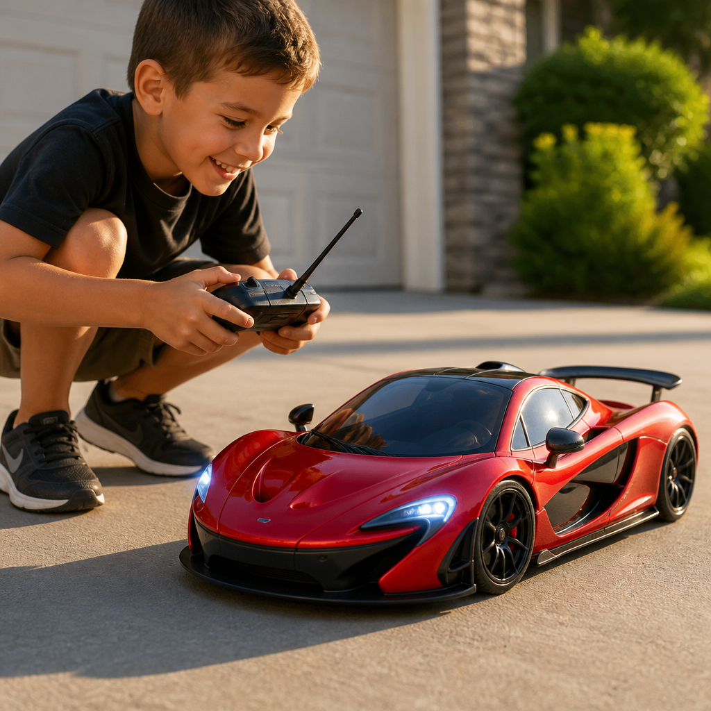 Happy child crouched on a sunny concrete driveway grinning while steering a glossy red McLaren P1 RC car with LED headlights glowing in afternoon sunlight