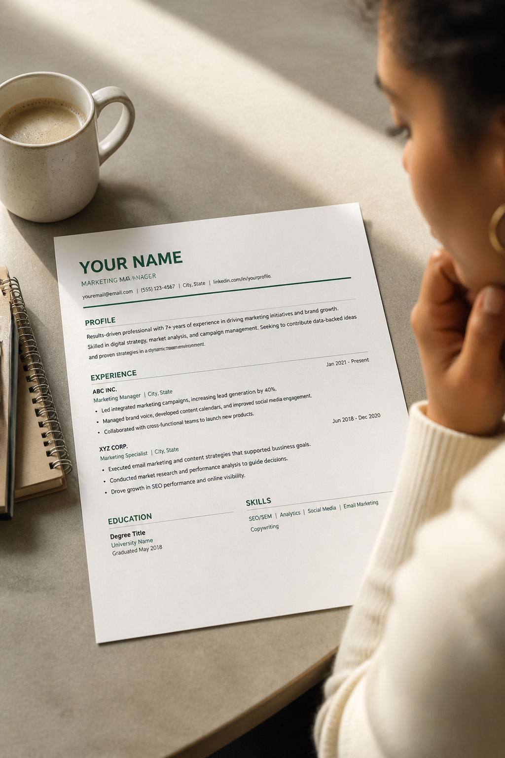 Clean professional resume template with green accent color and simple section dividers