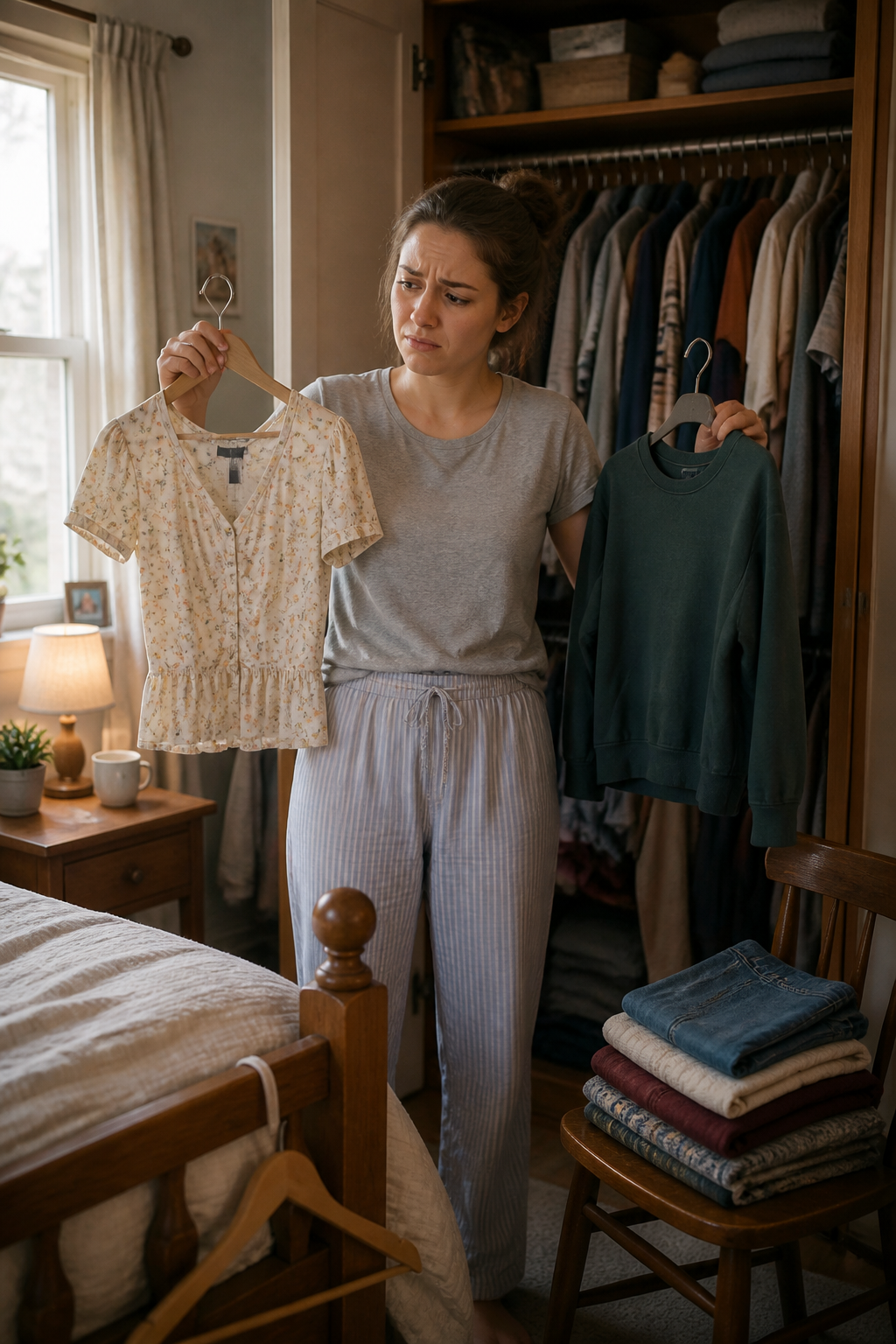 An unbranded candid photo of a woman standing in front of a cluttered wardrobe, holding up two mismatched clothing items, looking frustrated and unsure of what to wear on a regular weekday morning.