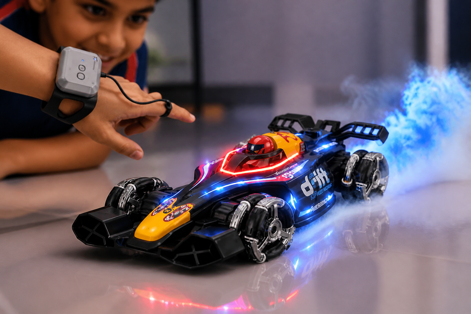 GRAPHENE RC Sensor Car with Smoke variant &mdash; futuristic race car with hand gesture sensor watch and visible smoke trail drifting on a glossy reflective floor