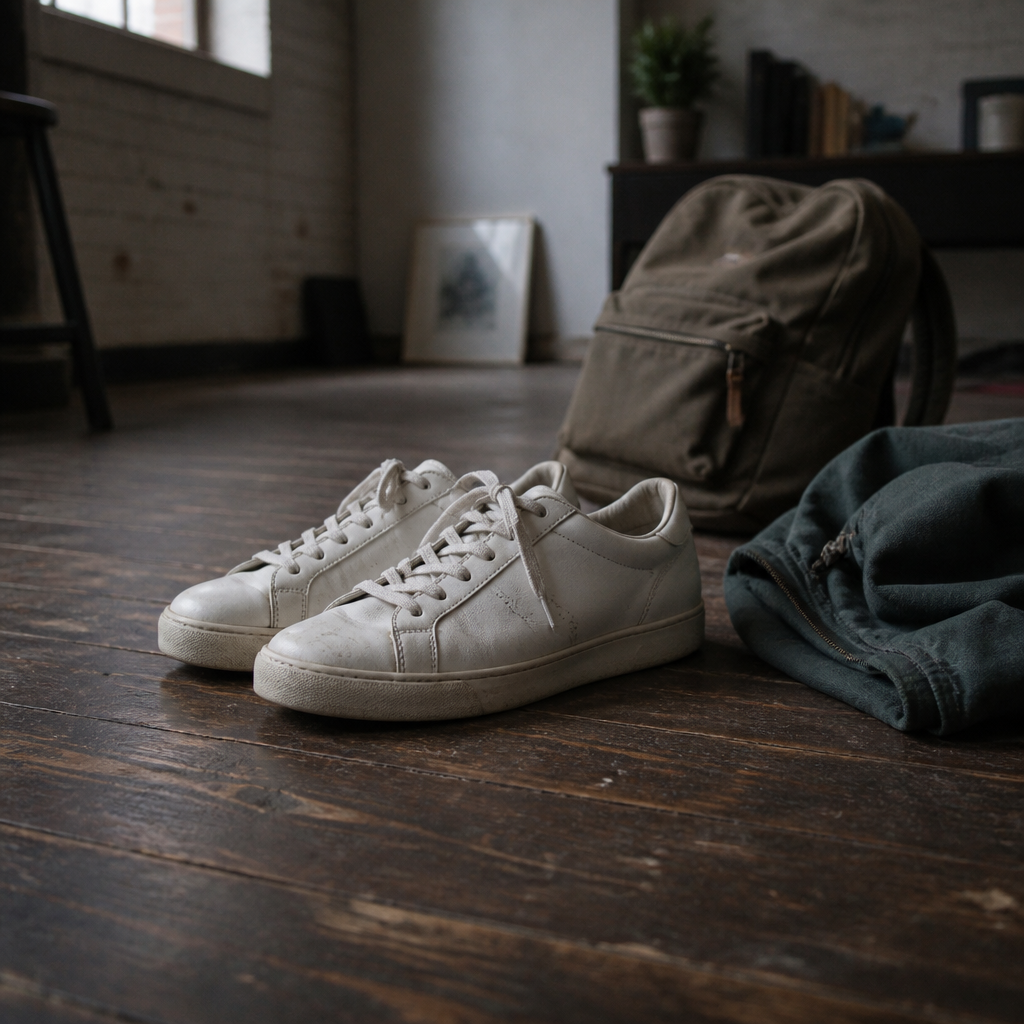 Generic unbranded white sneakers with basic design and no distinctive features, worn and ordinary looking