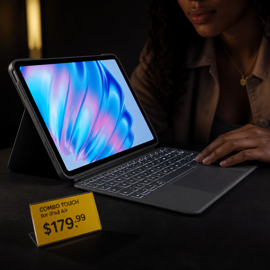 Dramatic close-up product shot of the Combo Touch keyboard with bright yellow price tag reading INR 100, the backlit keys glowing in soft darkness with rich contrast
