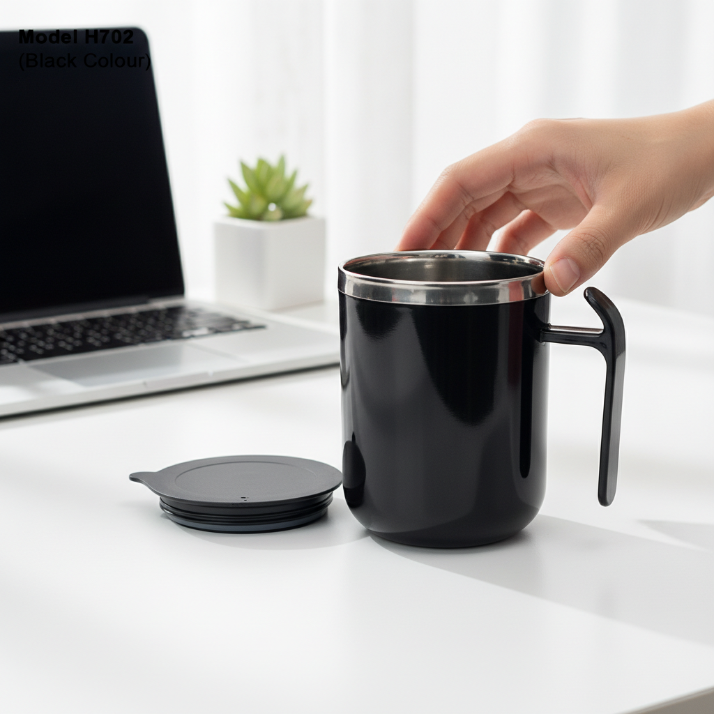 Black ceramic mug with corporate branding