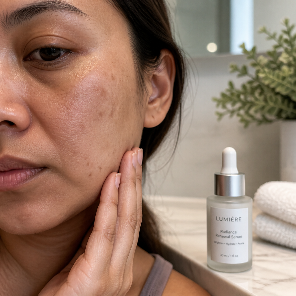 Close-up of dull, uneven skin with visible dark spots, tired appearance, and rough texture showing common signs of skin damage
