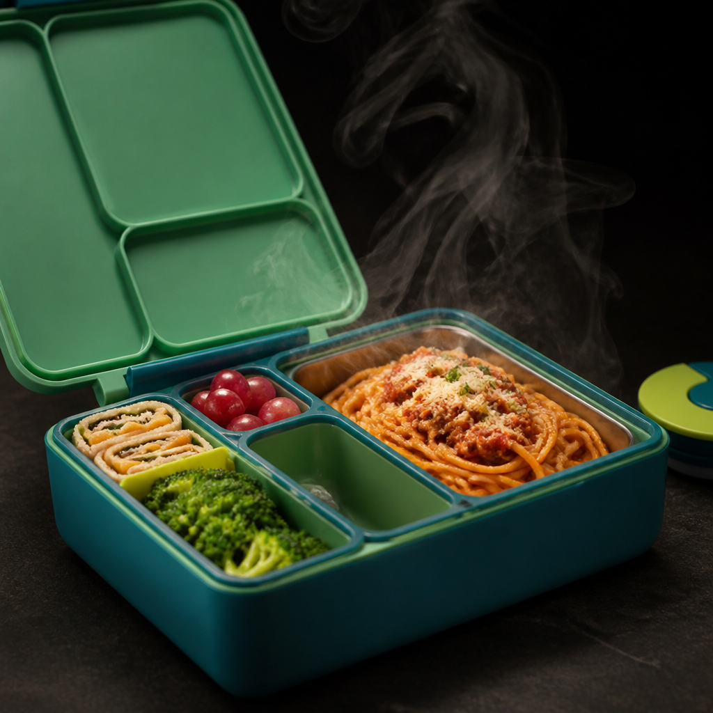 Mysterious reveal of a perfectly heated gourmet meal in an elegant bento box with steam rising, dramatic dark background with warm food colors glowing