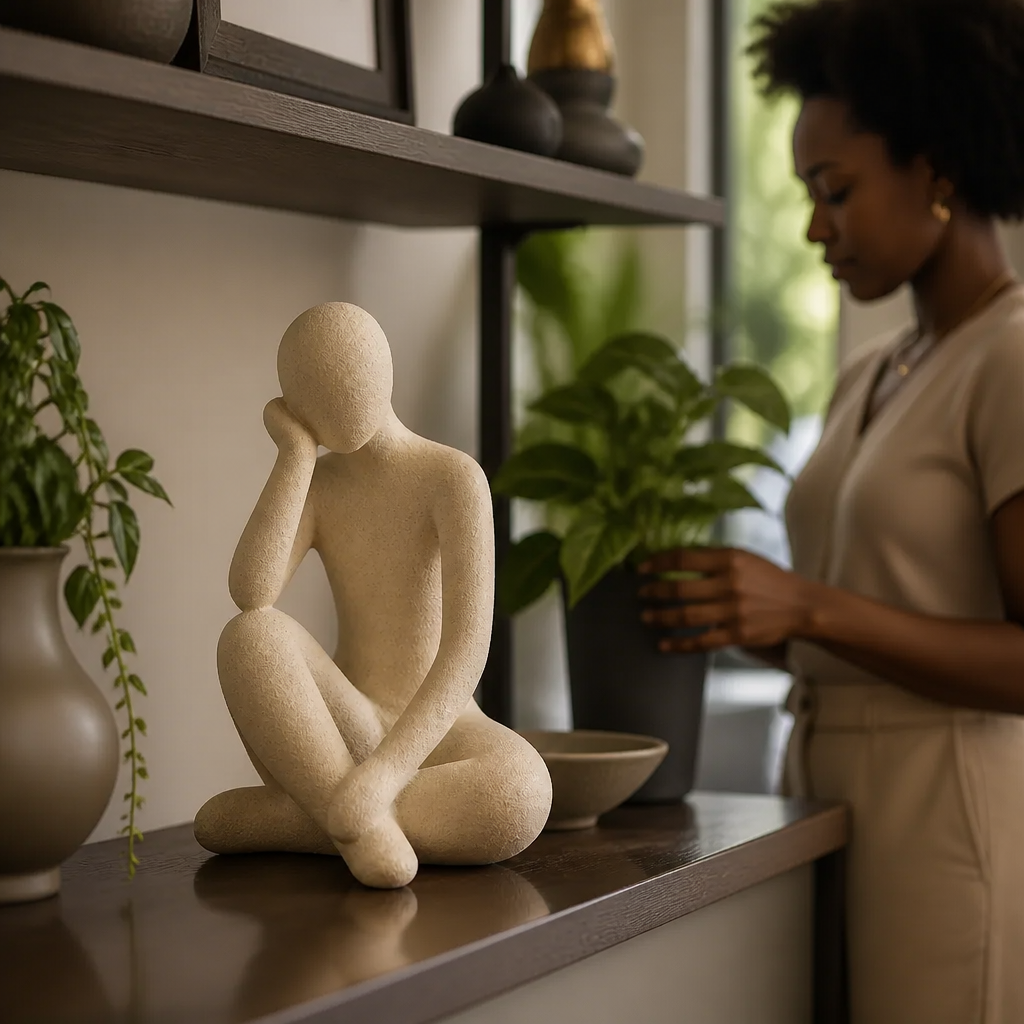 Customer testimonial photo of the Abstract Thought Thinker Accent Resin featured in a curated modern shelf with plants and decor accents