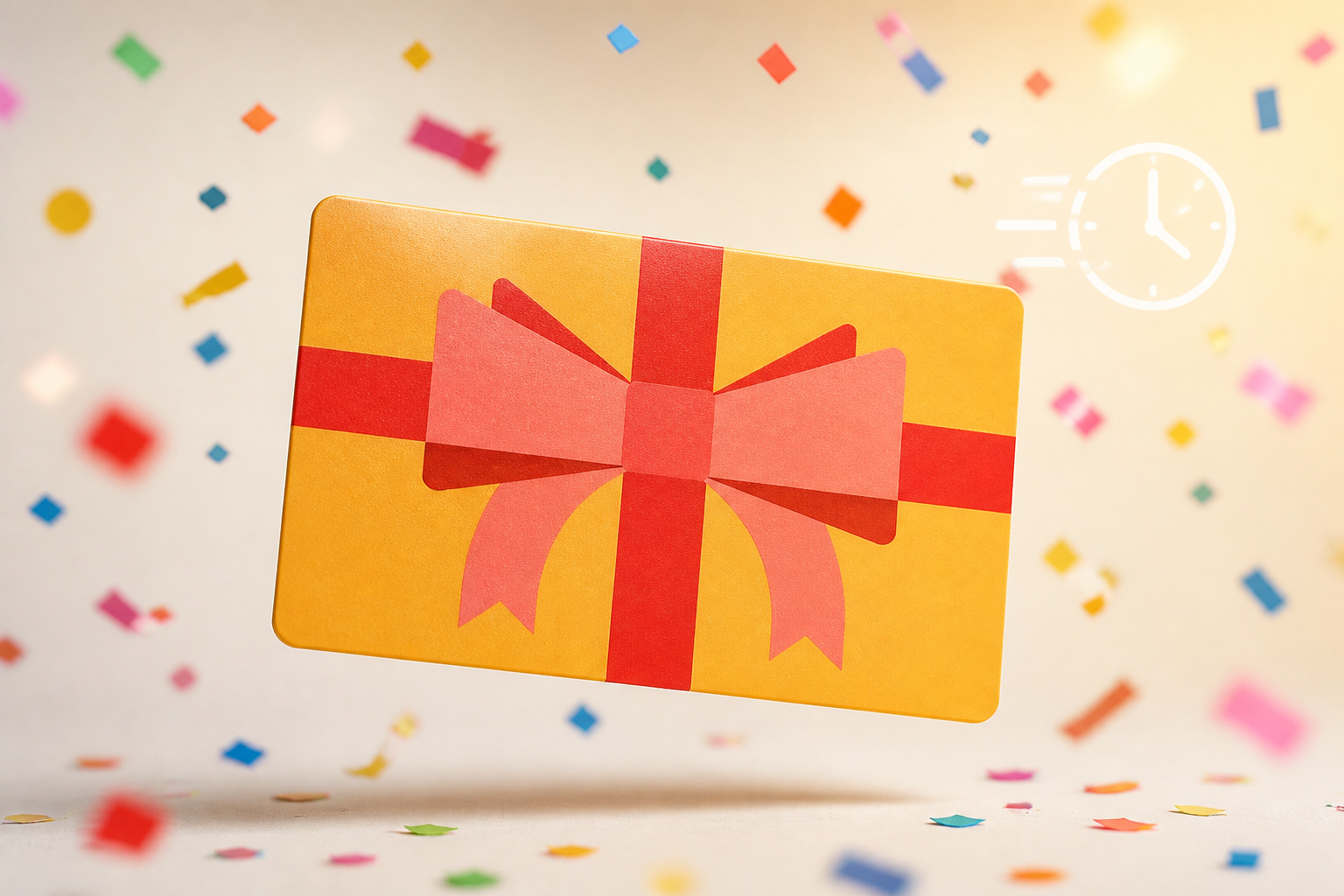 Festive gift card floating with colorful confetti, clock showing instant delivery concept, celebratory atmosphere
