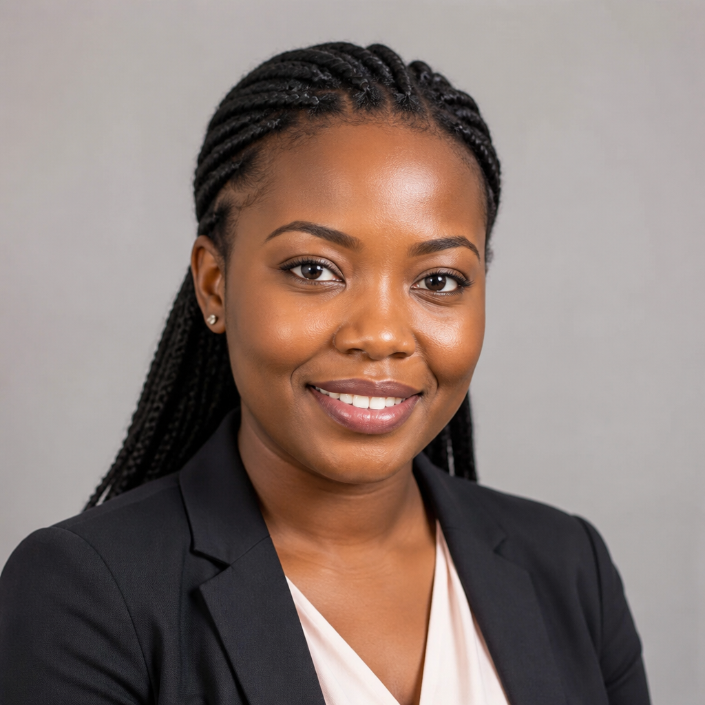 Close-up portrait of Adaeze Okafor, a smiling young Nigerian woman with rich dark skin, soft golden hour sunlight from the side, warm natural background