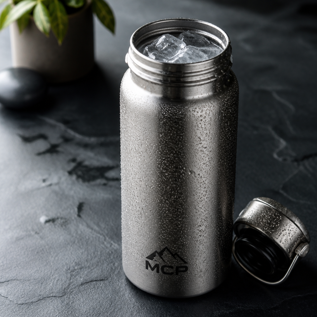 A brushed stainless steel MCP water bottle on a slate counter, condensation droplets on the body, soft studio lighting from the left, ice cubes visible inside the wide mouth opening
