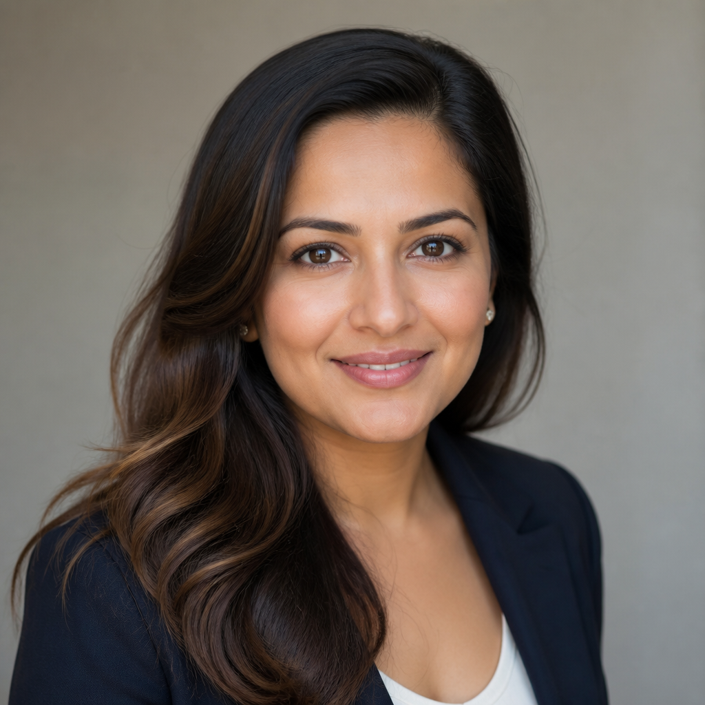 Close-up portrait of an Indian woman with long dark hair smiling warmly at camera in a sunlit Mumbai kitchen, soft natural window light, shallow depth of field