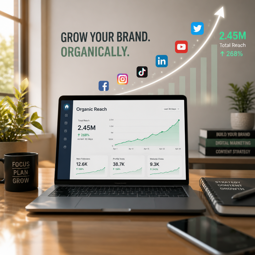 Growth chart showing exponential organic reach with social media platform icons rising upward