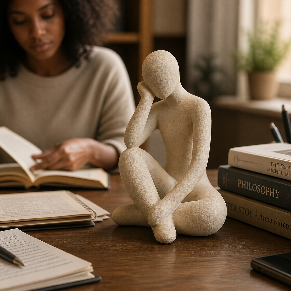 Customer testimonial photo of the Abstract Thought Thinker Accent Resin displayed next to books on a warm wooden study desk