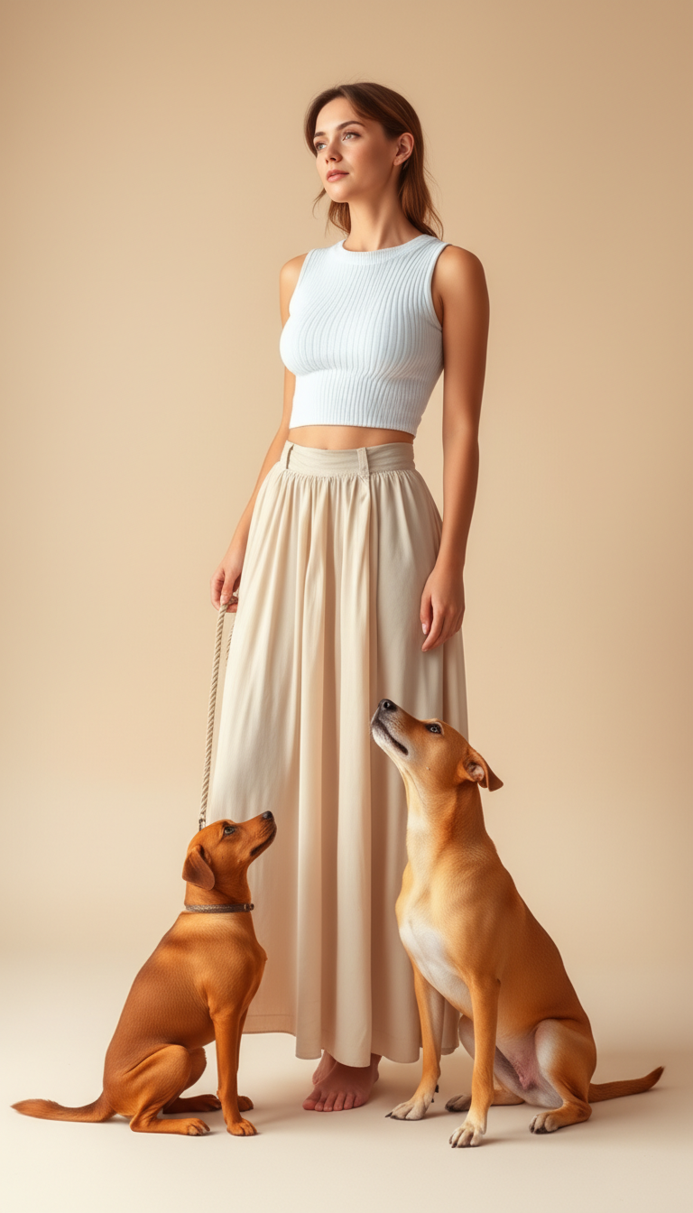 Vaist&eacute; clothing - Woman in white crop top and beige skirt