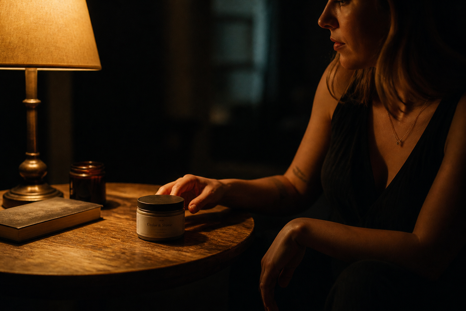 Grainy cinematic still of a woman in a dark room lit by a single warm lamp, contemplative shadow play