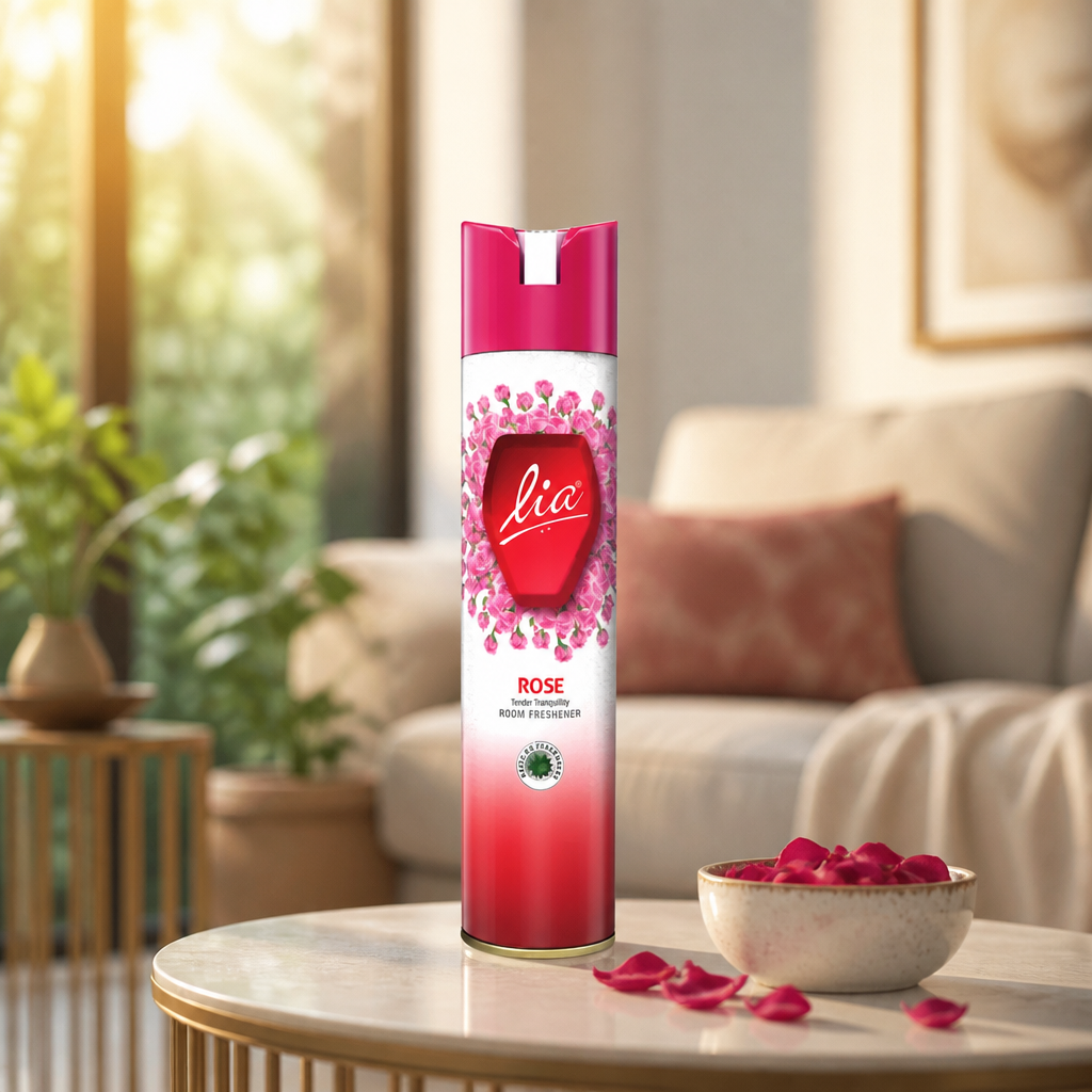Modern Indian living room with bright, fresh ambiance showing Ripple room freshener on a stylish side table, warm sunlight streaming through windows creating a comfortable and fragrant atmosphere