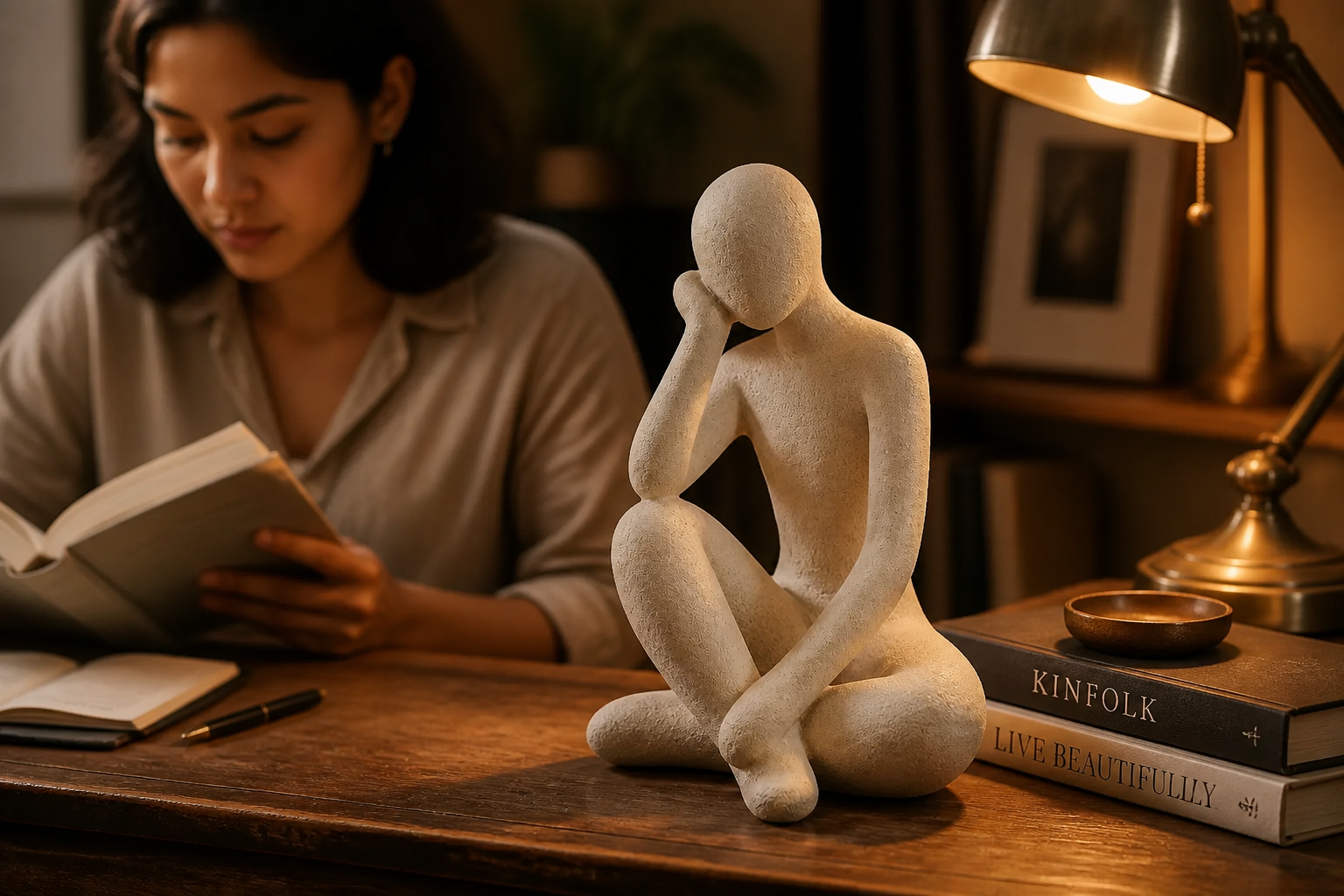 Close-up view of the Abstract Thought Thinker Accent on an elegant wooden study desk surrounded by books, a warm desk lamp casting soft golden light across the resin art piece