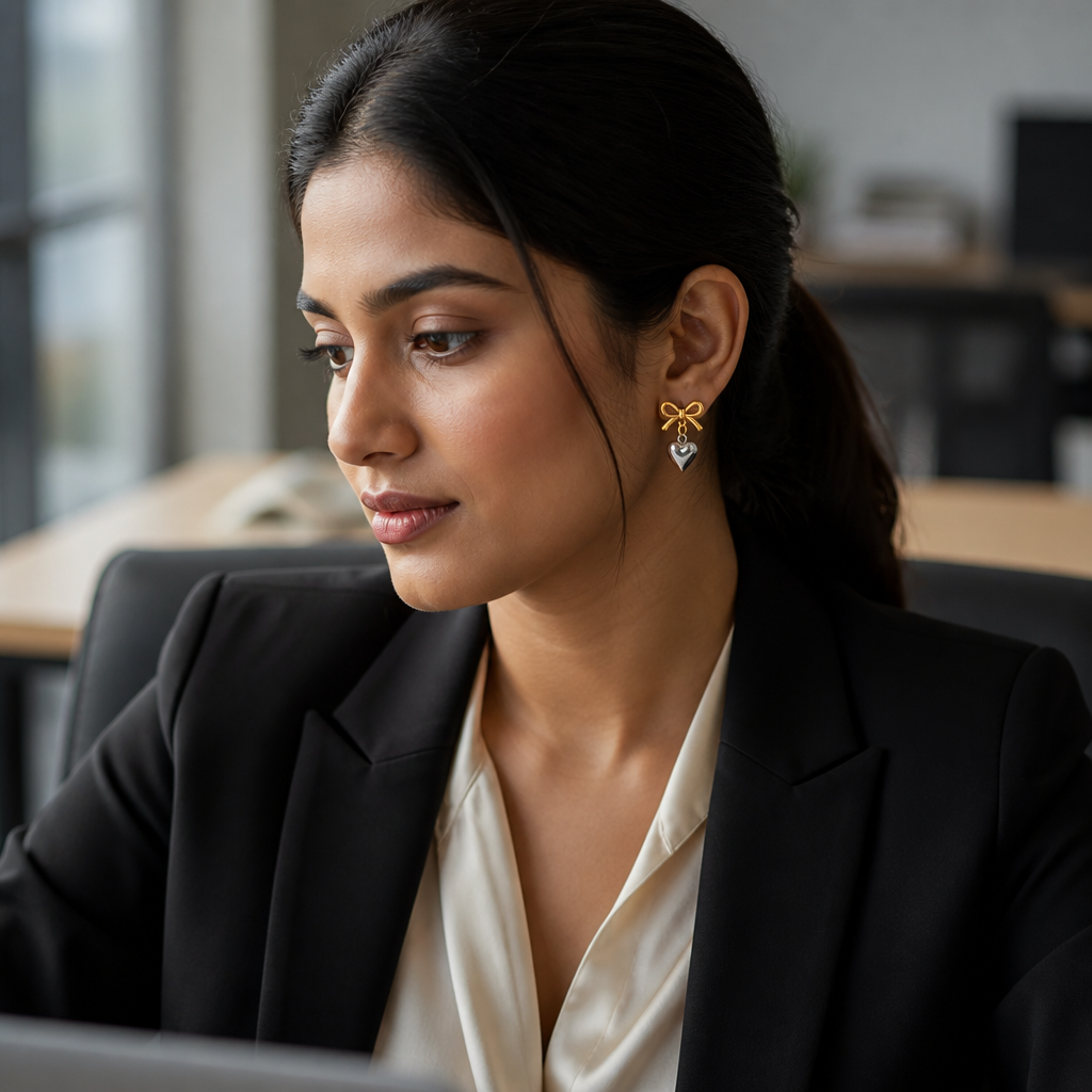 Indian woman in a tailored black blazer and silk blouse wearing the Love Heart Earrings, modern office setting, professional photography